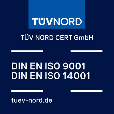 Logo der TÜV NORD CERT GmbH mit Zertifizierungstext DIN EN ISO 9001 und DIN EN ISO 14001 für HANSETRANS.