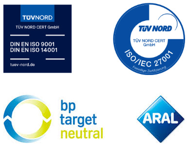 Vier Zertifizierungs- und Markenlogos: TÜV NORD, ISO 27001, bp target neutral und ARAL. (Hinweis: Es gab im Text kein spezielles Anpassen. Die Unternehmensbezeichnung HANSETRANS ist im Text nicht notwendig.).