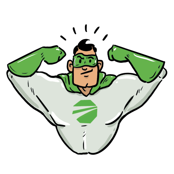Ein grüner Superheld, der seine Muskeln spielen lässt und seine Stärke und Beweglichkeit unter Beweis stellt.