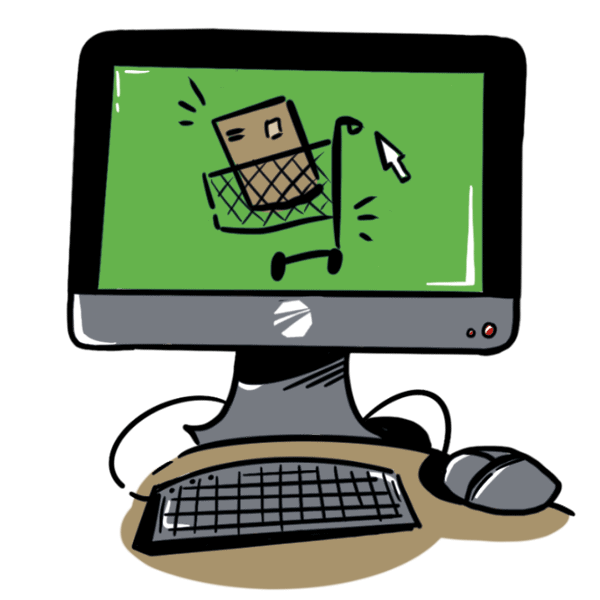 Eine Cartoon-Illustration eines Desktop-Computers mit einem „Umzüge“-Symbol auf dem Bildschirm.