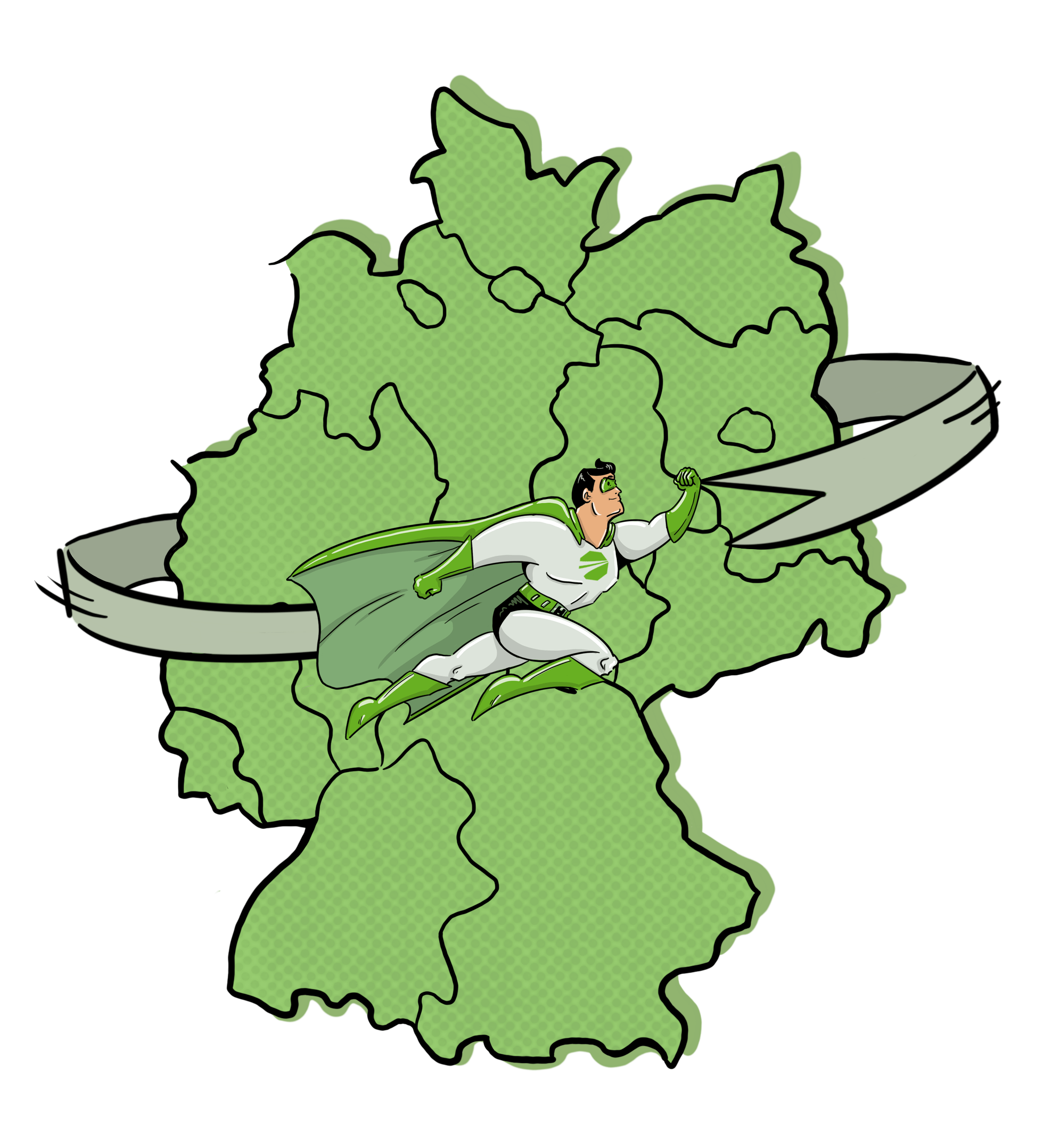 Ein animierter Superheld schwebt über einer Deutschlandkarte und wirbt für die Dienstleistungen von HANSETRANS für die GmbH Möbel-Transport.