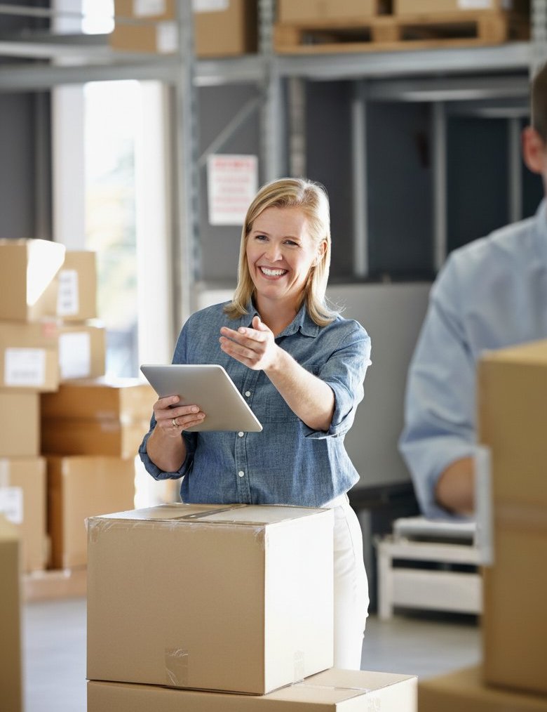 Eine lächelnde Frau mit einem Tablet gestikuliert in einer HANSETRANS-Lagerhalle, umgeben von Pappkartons, und koordiniert einen internationalen Umzug.