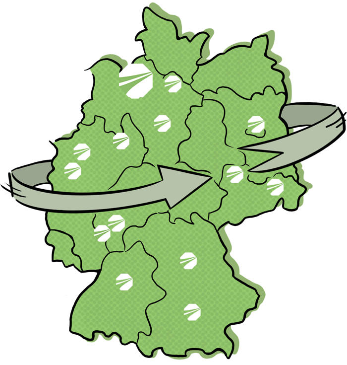 Eine Deutschlandkarte mit Pfeilen, die in verschiedene Richtungen zeigen.